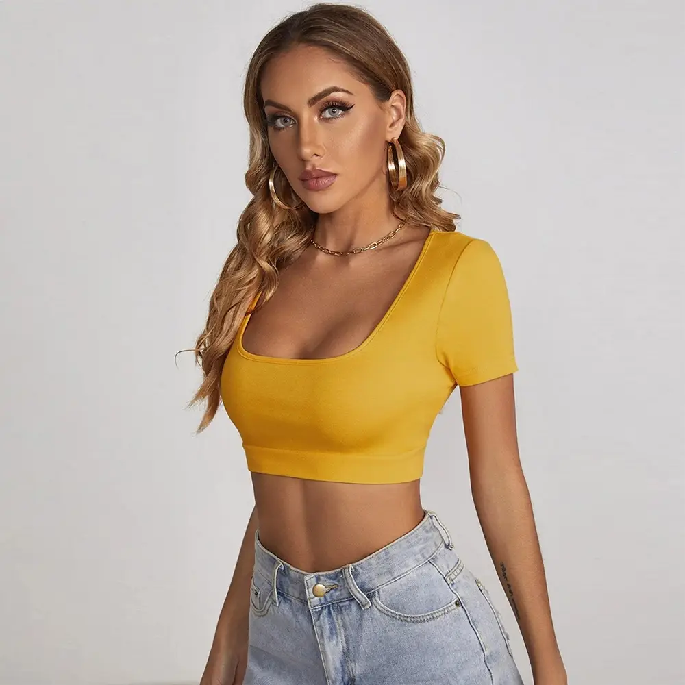 Women Square Collar Navel Baring T-Shirt Red Slim Fit — feature 13