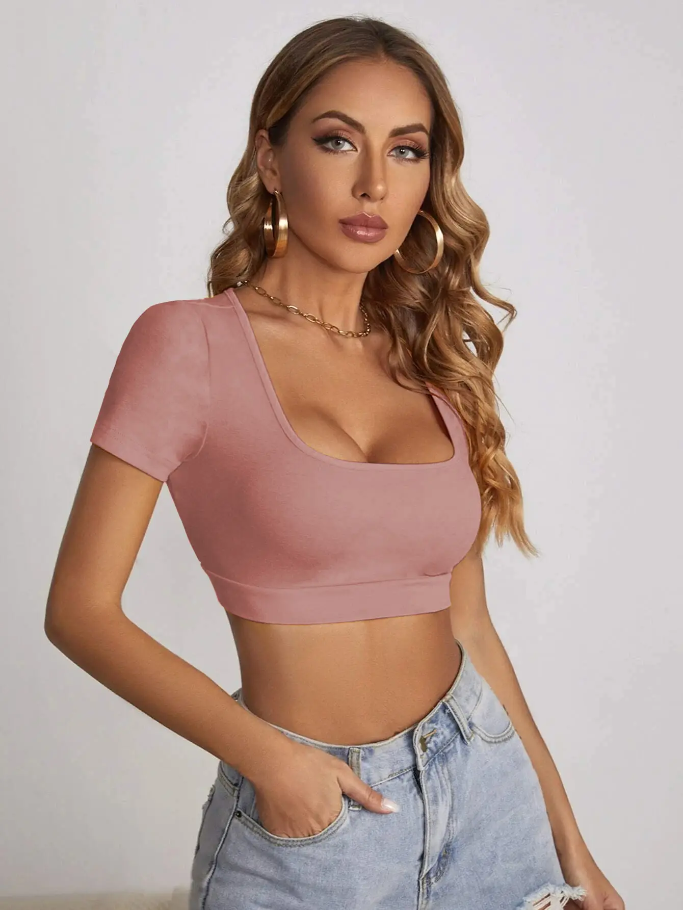 Women Square Collar Navel Baring T-Shirt Red Slim Fit — feature 26