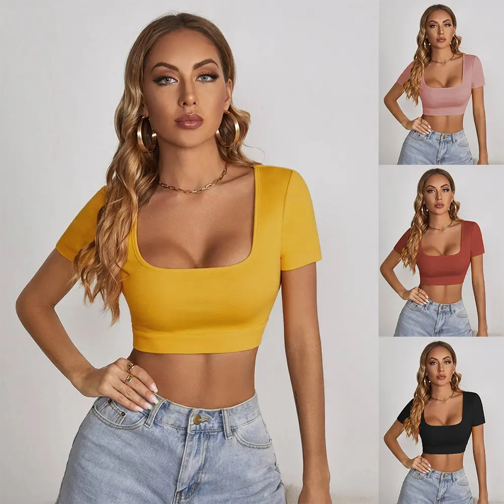 Women Square Collar Navel Baring T-Shirt Red Slim Fit — feature 5