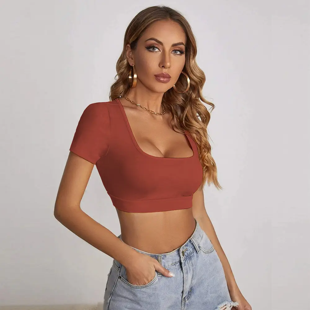Women Square Collar Navel Baring T-Shirt Red Slim Fit — feature 6