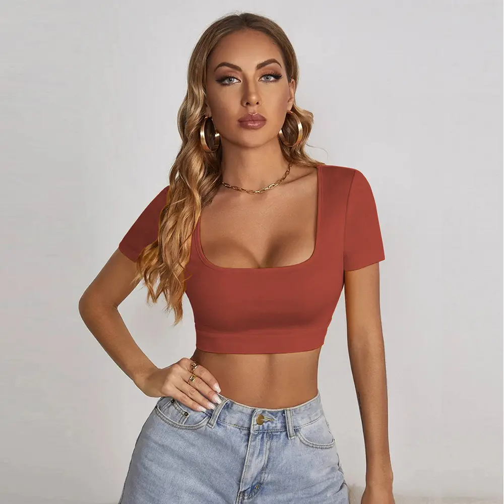Women Square Collar Navel Baring T-Shirt Red Slim Fit — feature 7