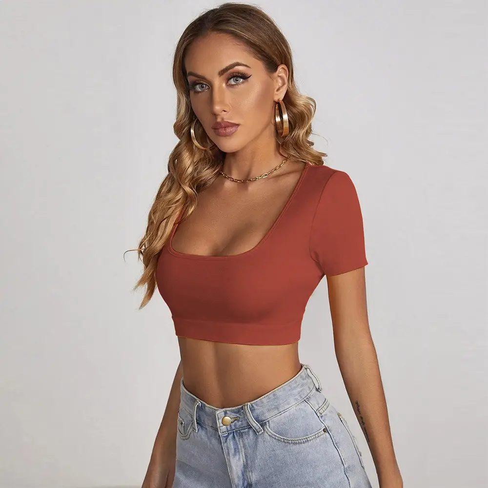 Women Square Collar Navel Baring T-Shirt Red Slim Fit — feature 8
