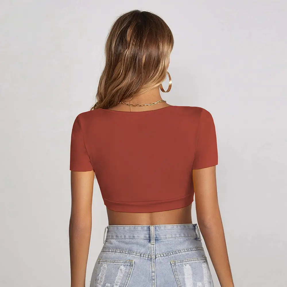 Women Square Collar Navel Baring T-Shirt Red Slim Fit — feature 9