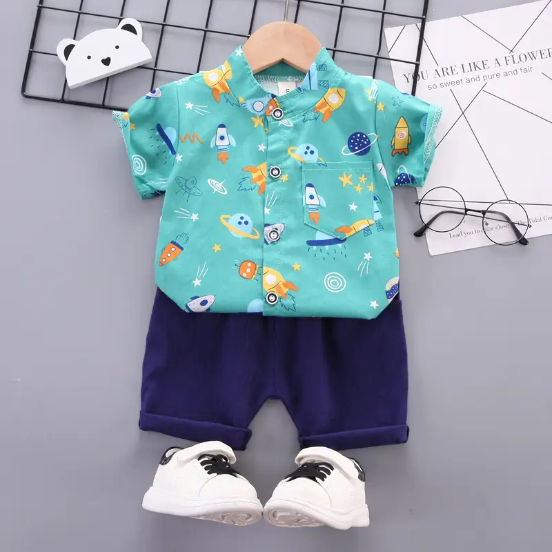 Cross-border Boys Baby Suit White Blue Short Sleeve Summer Wear - Image 2