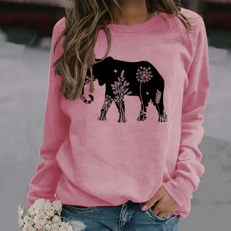 Women's Elephant Printed Long Sleeve Sweater Shirt - Image 17
