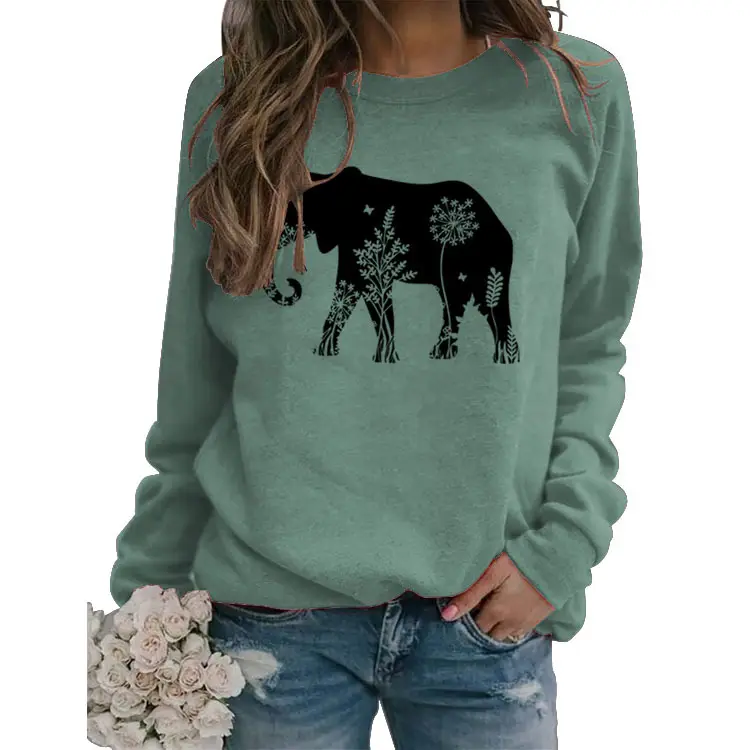 Women's Elephant Printed Long Sleeve Sweater Shirt - Image 18