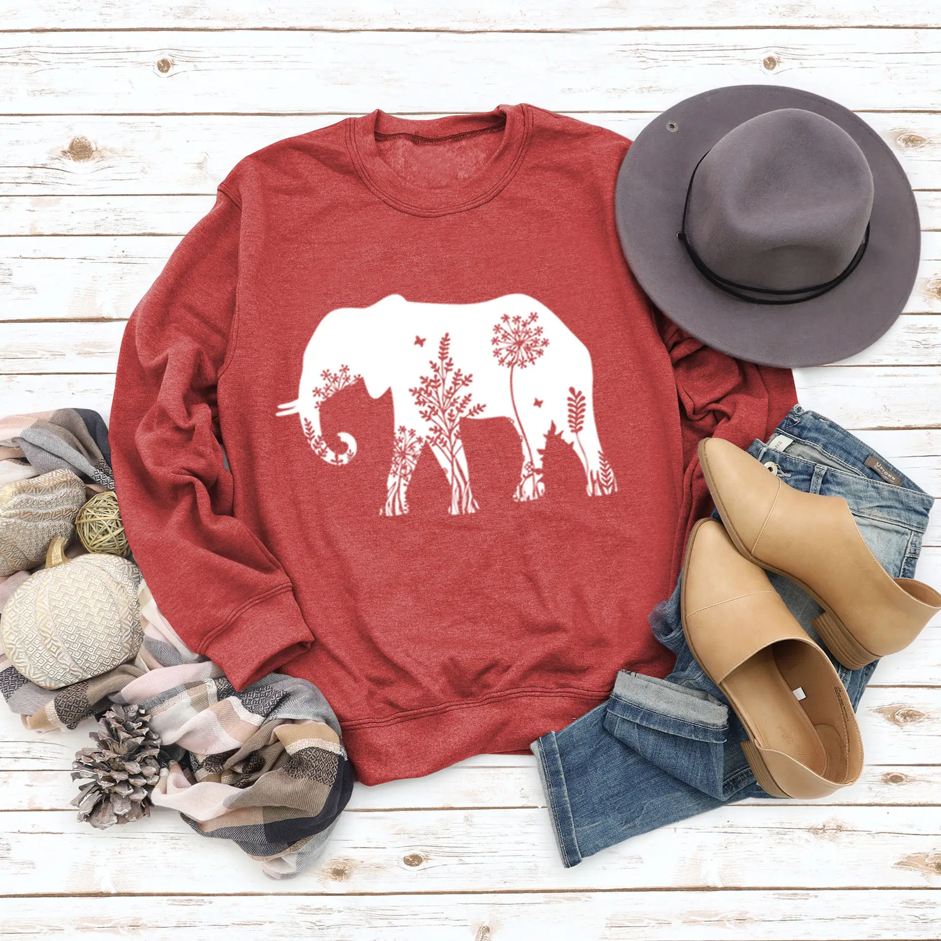 Women's Elephant Printed Long Sleeve Sweater Shirt - Image 10