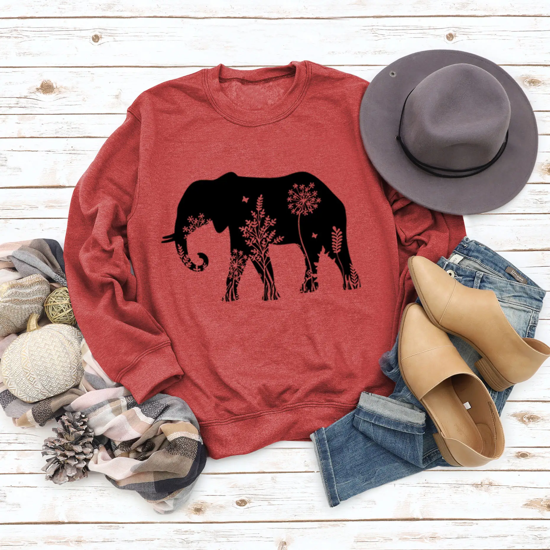 Women's Elephant Printed Long Sleeve Sweater Shirt - Image 11