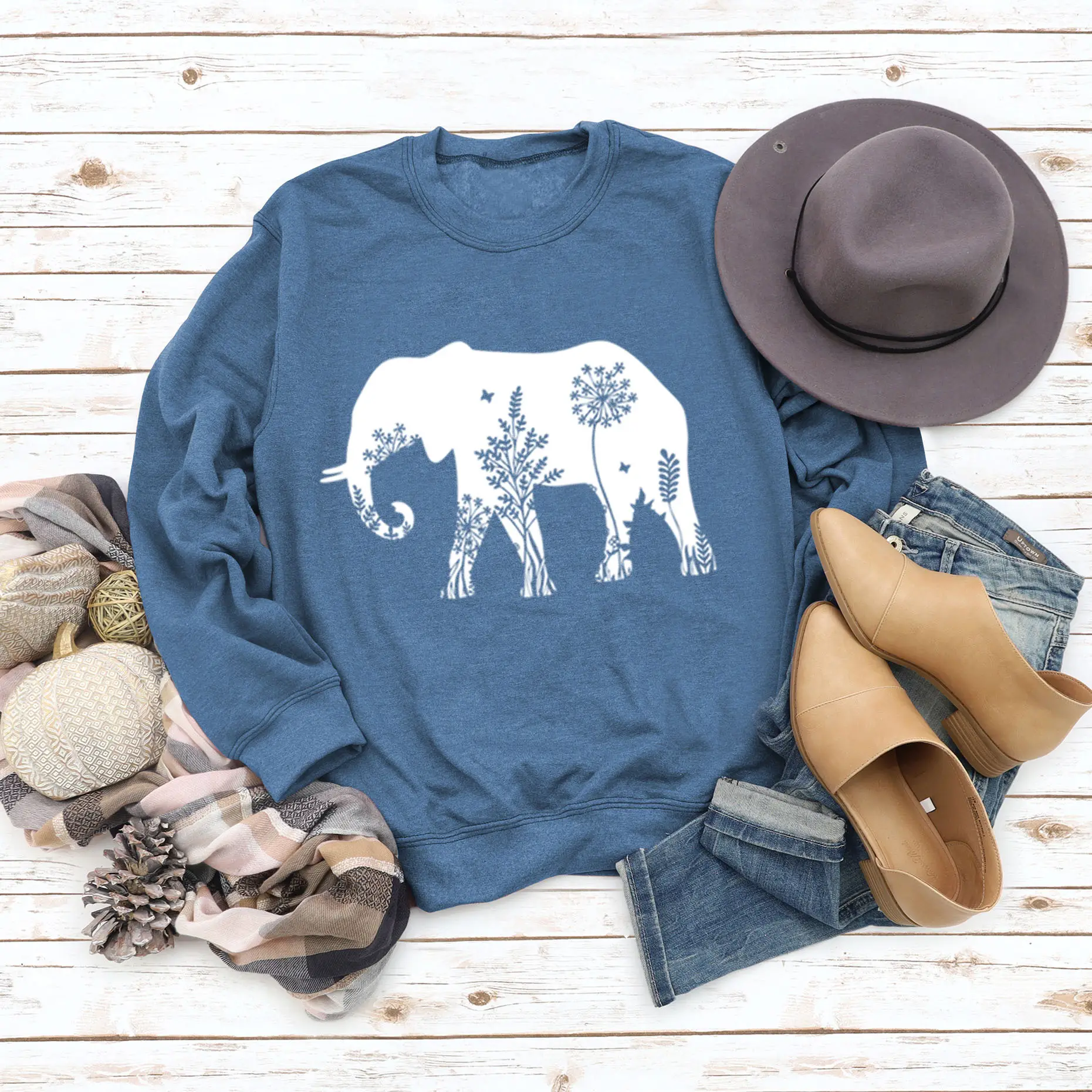 Women's Elephant Printed Long Sleeve Sweater Shirt - Image 12