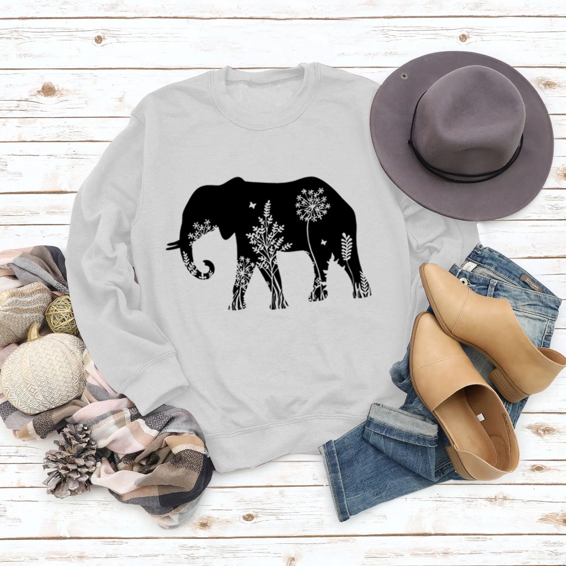 Women's Elephant Printed Long Sleeve Sweater Shirt - Image 2