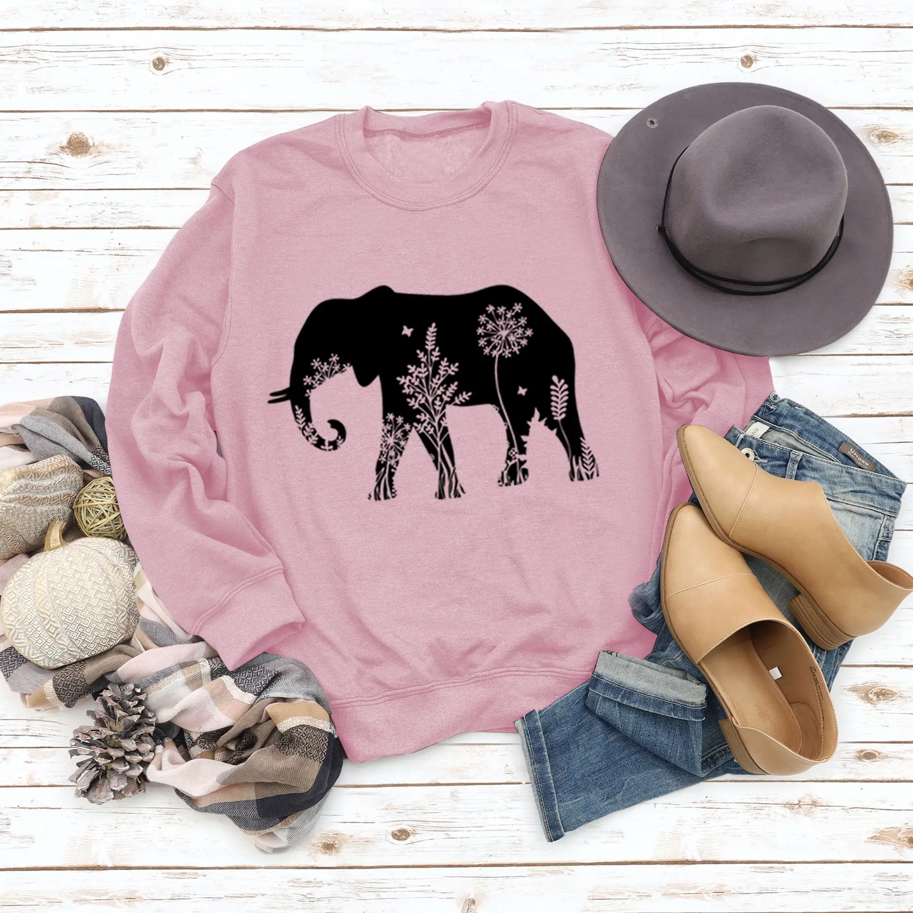 Women's Elephant Printed Long Sleeve Sweater Shirt - Image 3