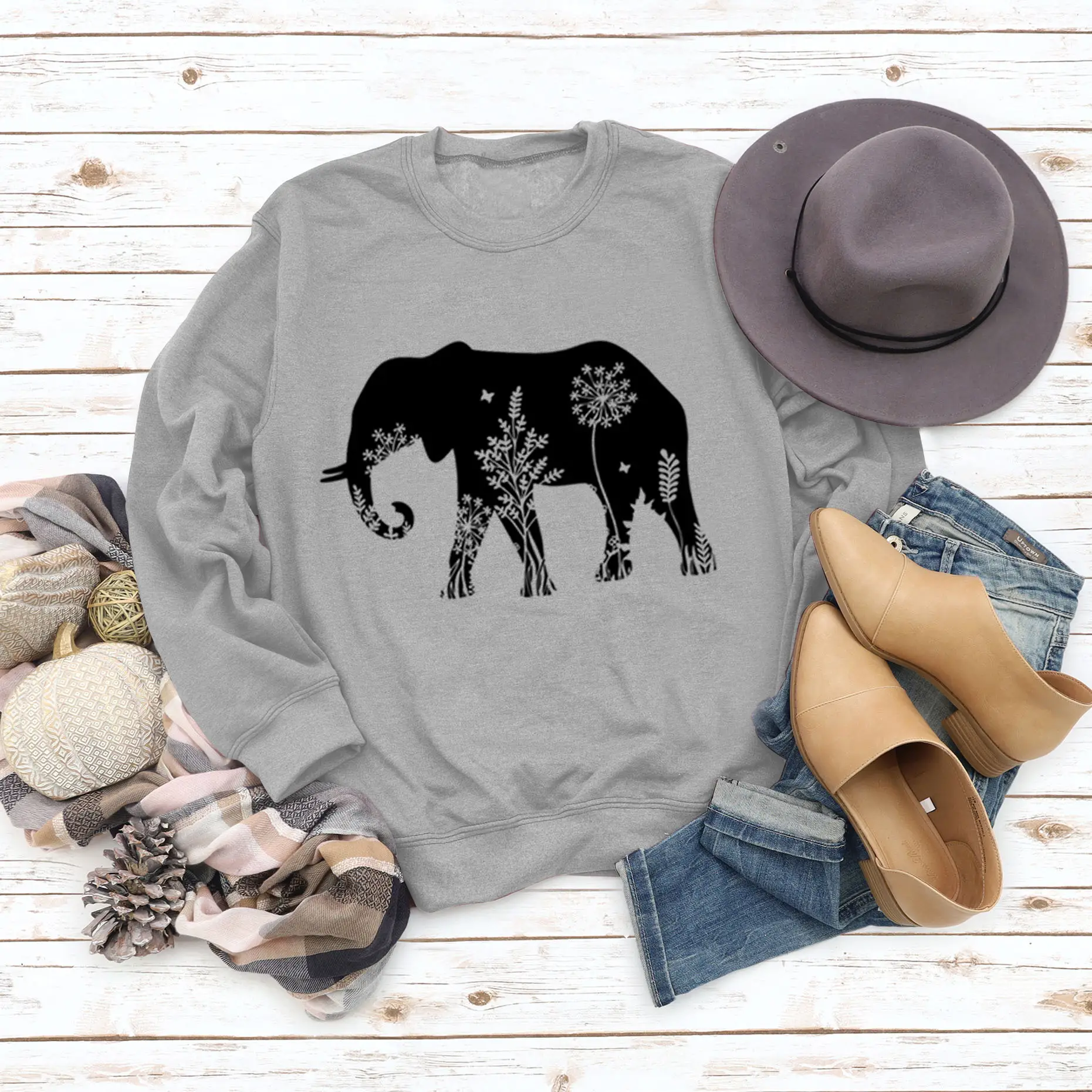 Women's Elephant Printed Long Sleeve Sweater Shirt - Image 5