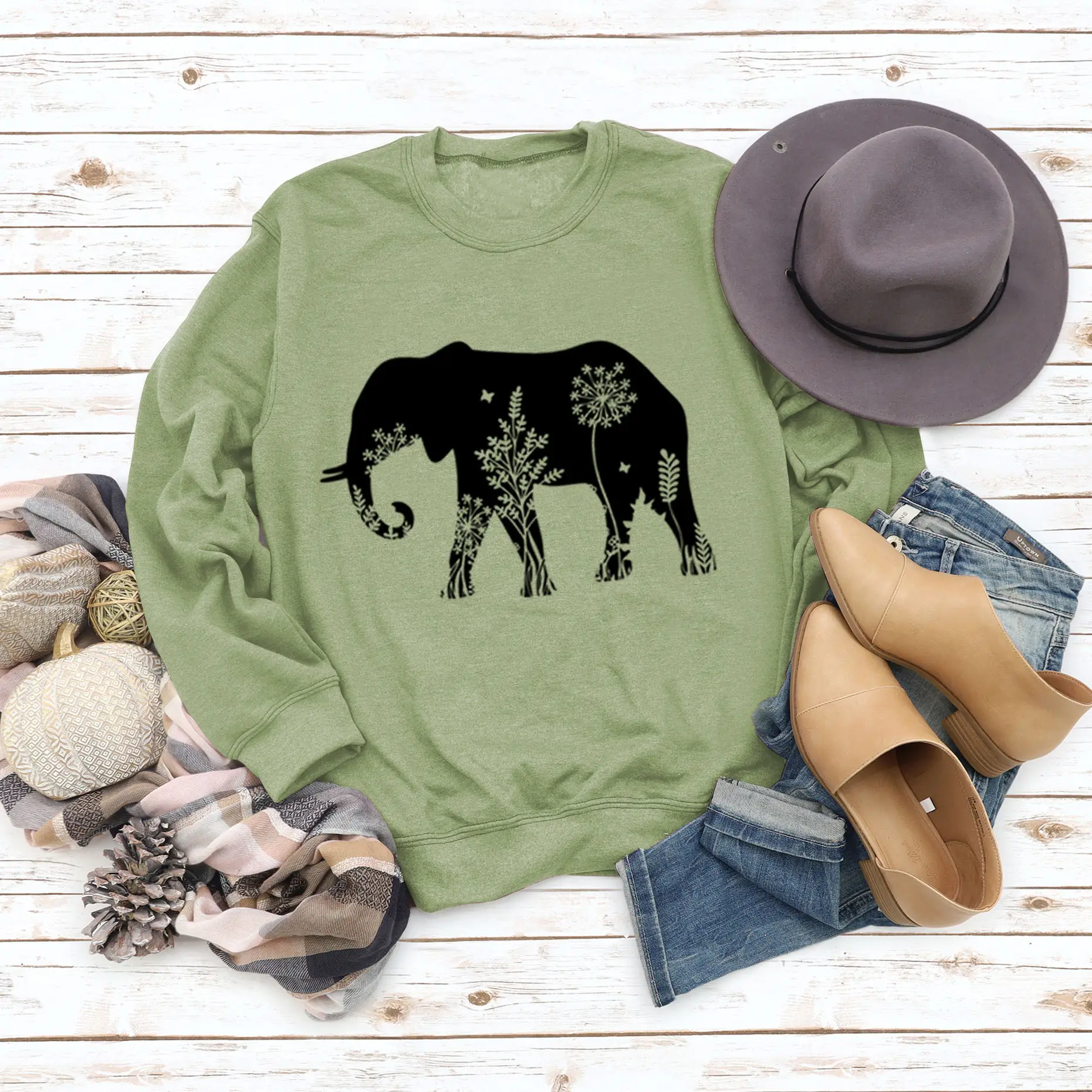 Women's Elephant Printed Long Sleeve Sweater Shirt - Image 7