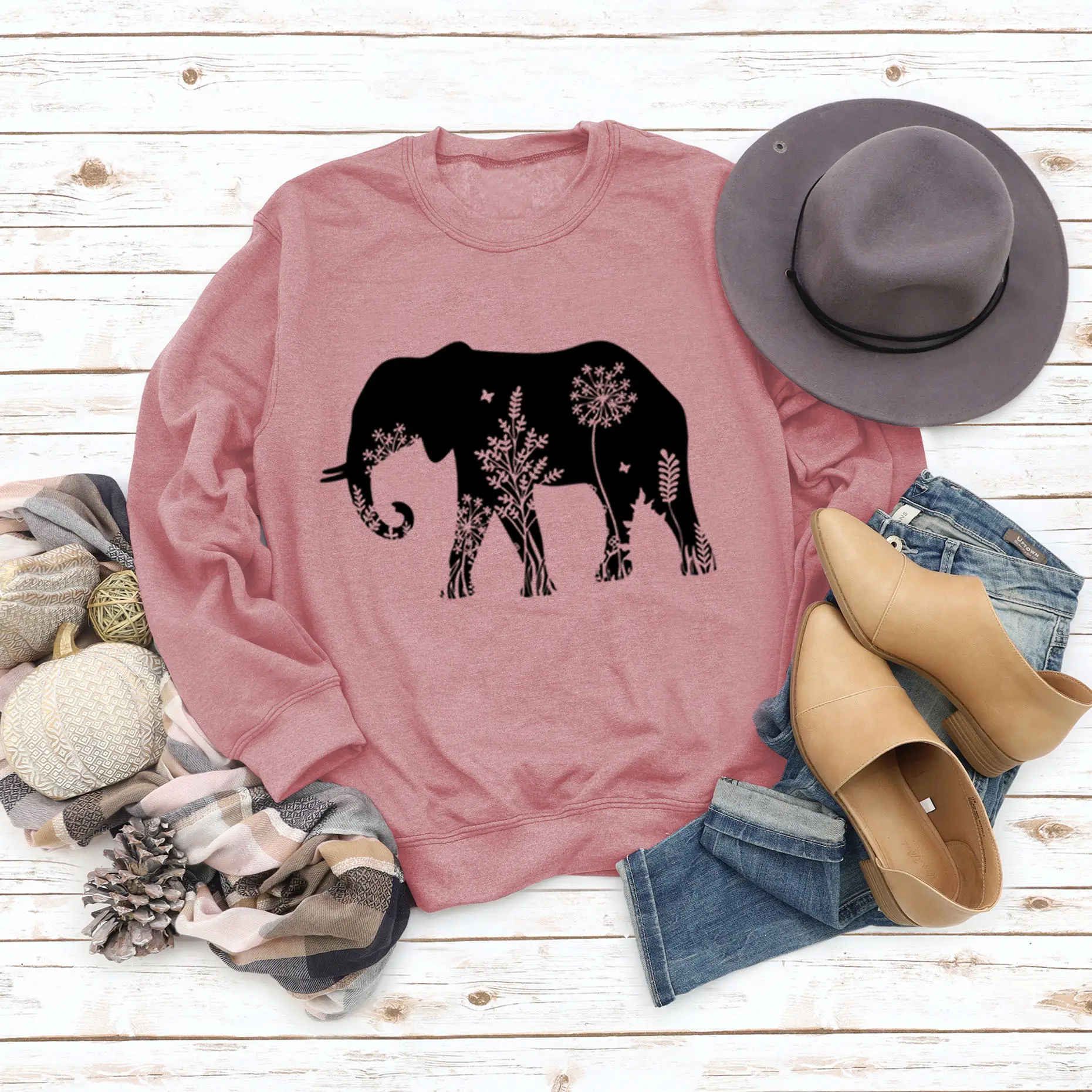 Women's Elephant Printed Long Sleeve Sweater Shirt - Image 8
