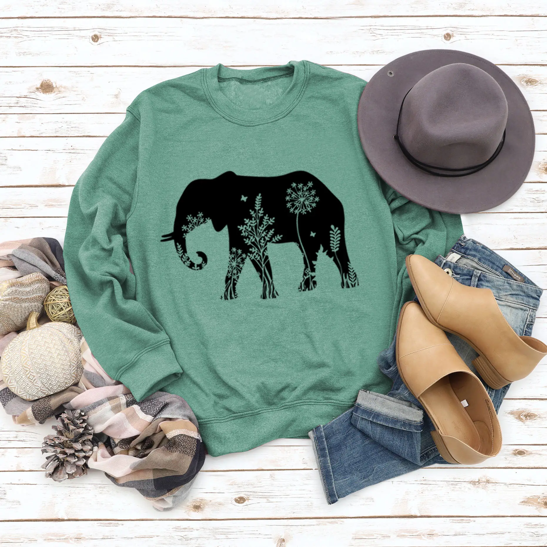 Women's Elephant Printed Long Sleeve Sweater Shirt - Image 9