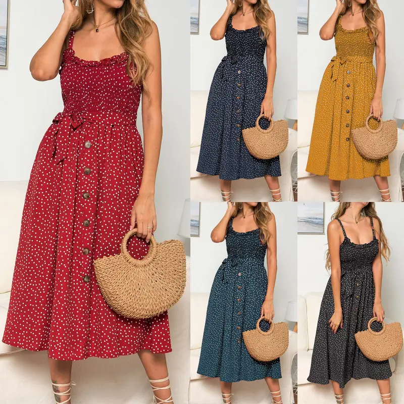 Row Button Ruffled Polka Dot Dress 966 — feature 1