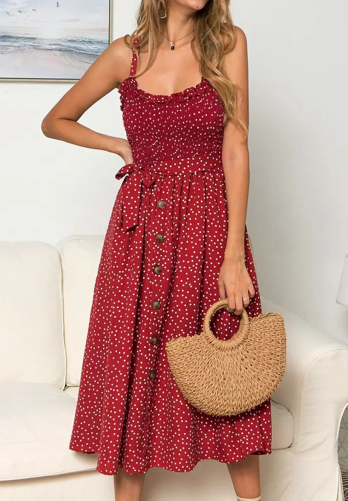 Row Button Ruffled Polka Dot Dress 966 — feature 2