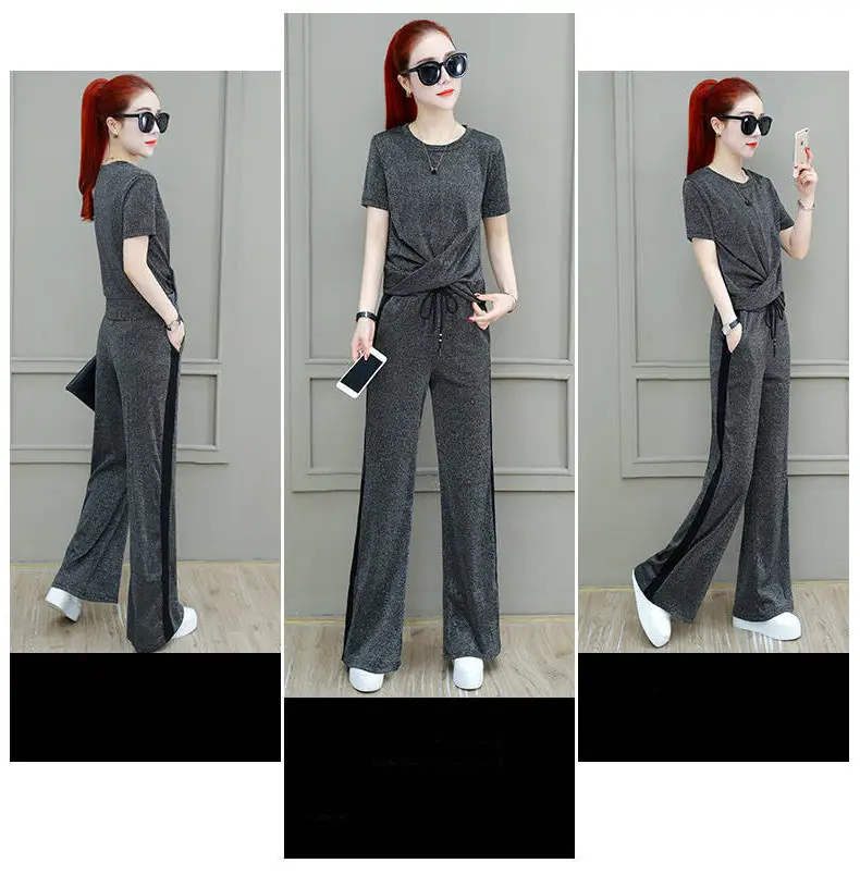 Women 2025 Wide Leg Pants Grey Drapey Set — feature 2