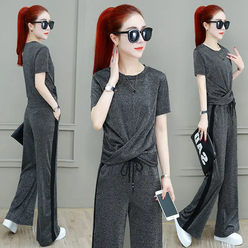 Women 2025 Wide Leg Pants Grey Drapey Set — feature 3