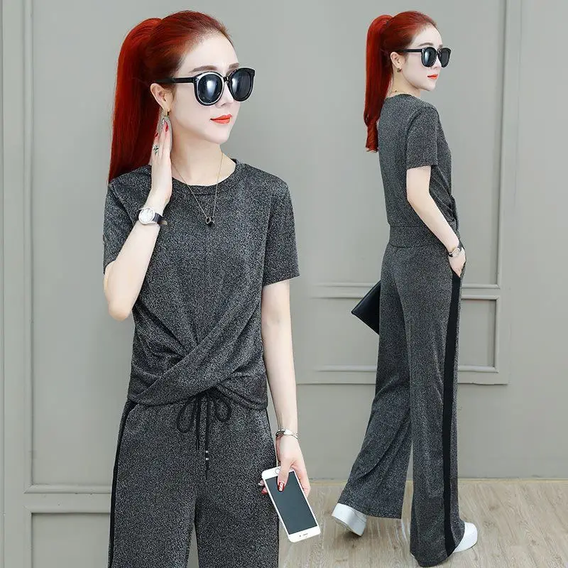 Women 2025 Wide Leg Pants Grey Drapey Set — feature 4
