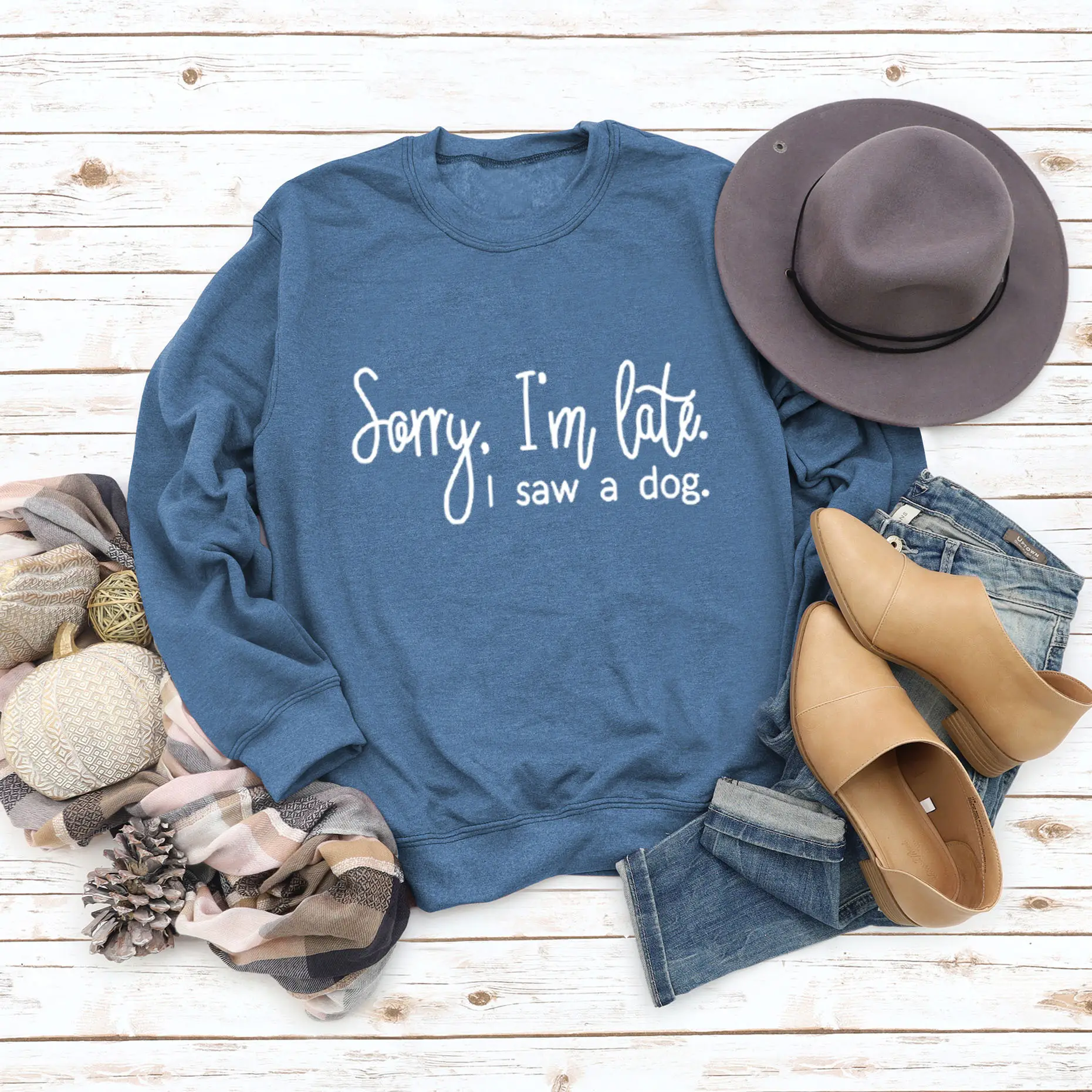 Ladies Long Sleeve Crewneck T-Shirt Blue Sorry I'm Late