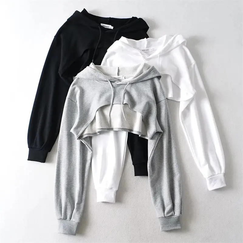 Women Grey Drawstring Hood Sweatshirt Crop Long Sleeve - Image 4
