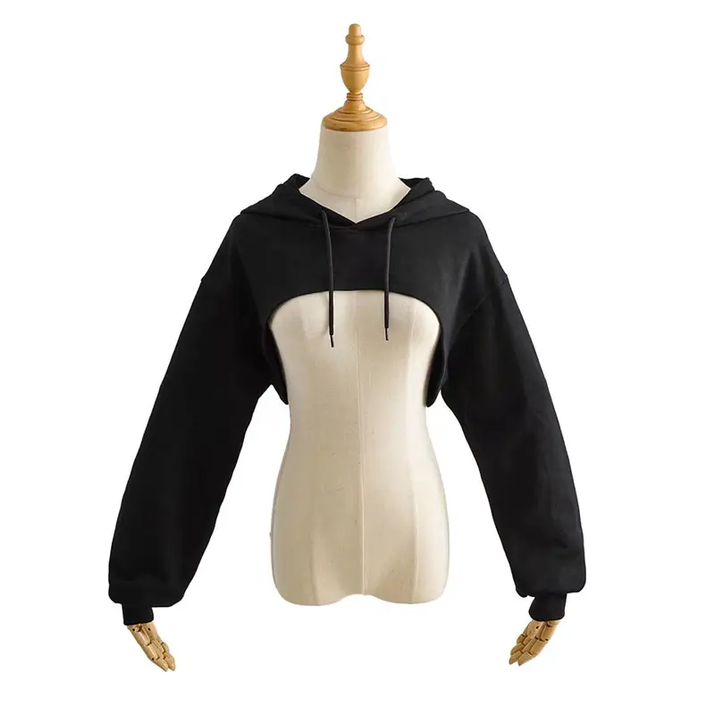 Women Grey Drawstring Hood Sweatshirt Crop Long Sleeve - Image 3
