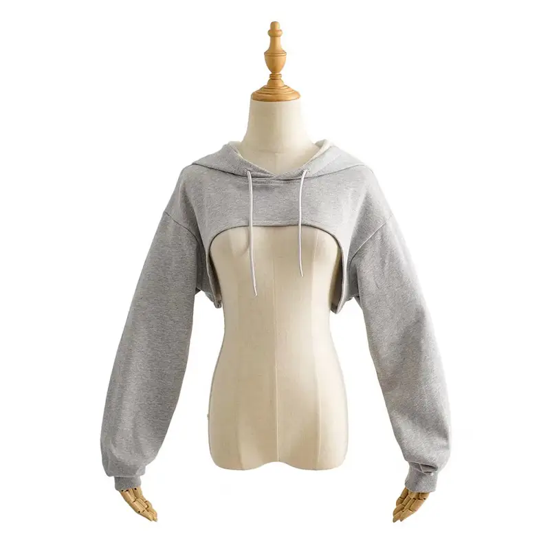 Women Grey Drawstring Hood Sweatshirt Crop Long Sleeve - Image 2