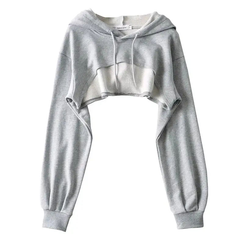 Women Grey Drawstring Hood Sweatshirt Crop Long Sleeve - Image 5