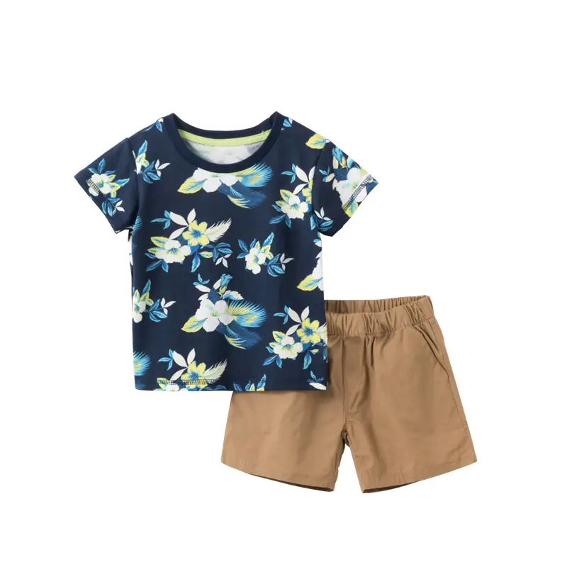 Boys Floral Short Sleeve Shorts Set Brown Cotton Summer Wear