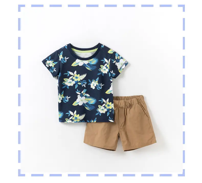 Boys Floral Short Sleeve Shorts Set Brown Cotton Summer Wear — feature 13