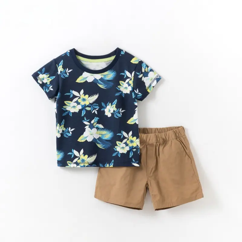 Boys Floral Short Sleeve Shorts Set Brown Cotton Summer Wear