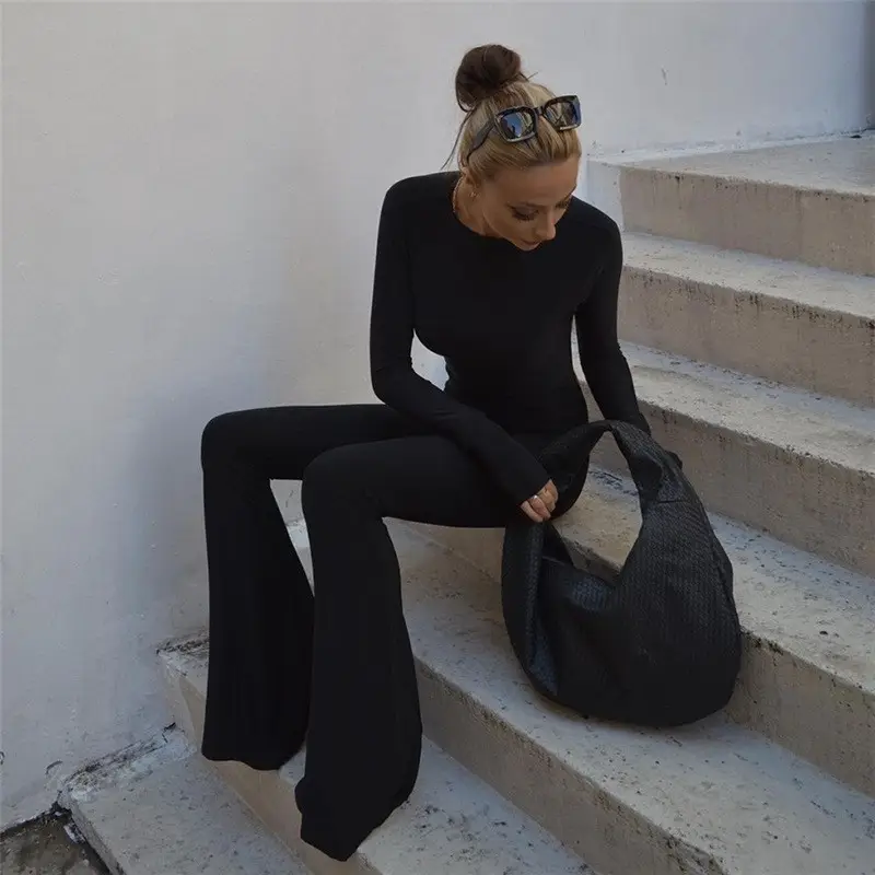 Black Long Sleeve Slim Fit Pants Set for Women - Image 5