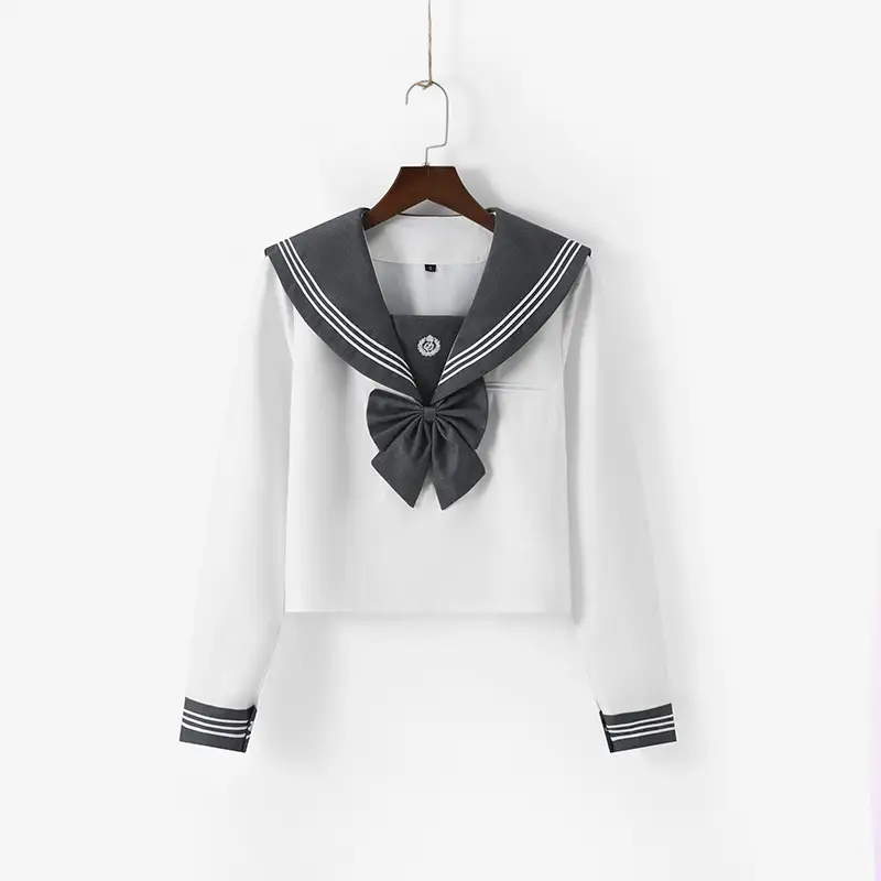 Japanese Embroidered Sailor Suit Top White Grey - Image 3