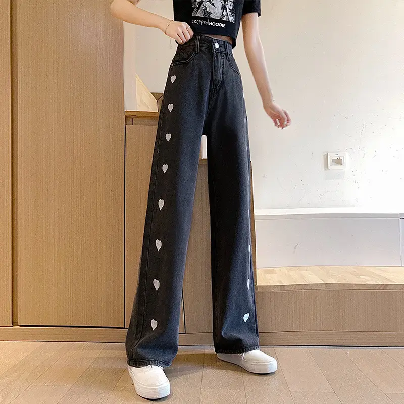 Women's Heart Print Wide Leg Jeans 2024 Spring - Image 4