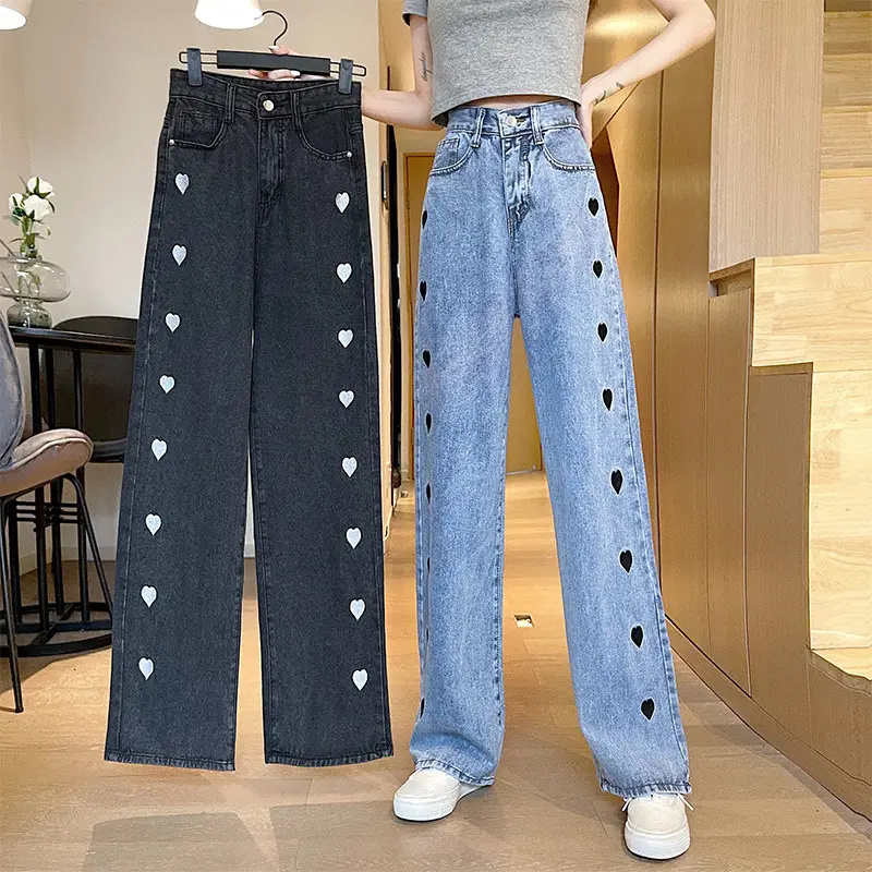 Women's Heart Print Wide Leg Jeans 2024 Spring - Image 5