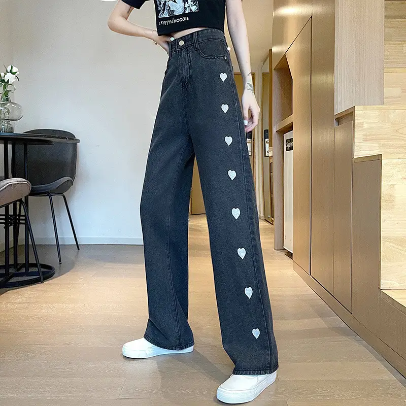 Women's Heart Print Wide Leg Jeans 2024 Spring - Image 6