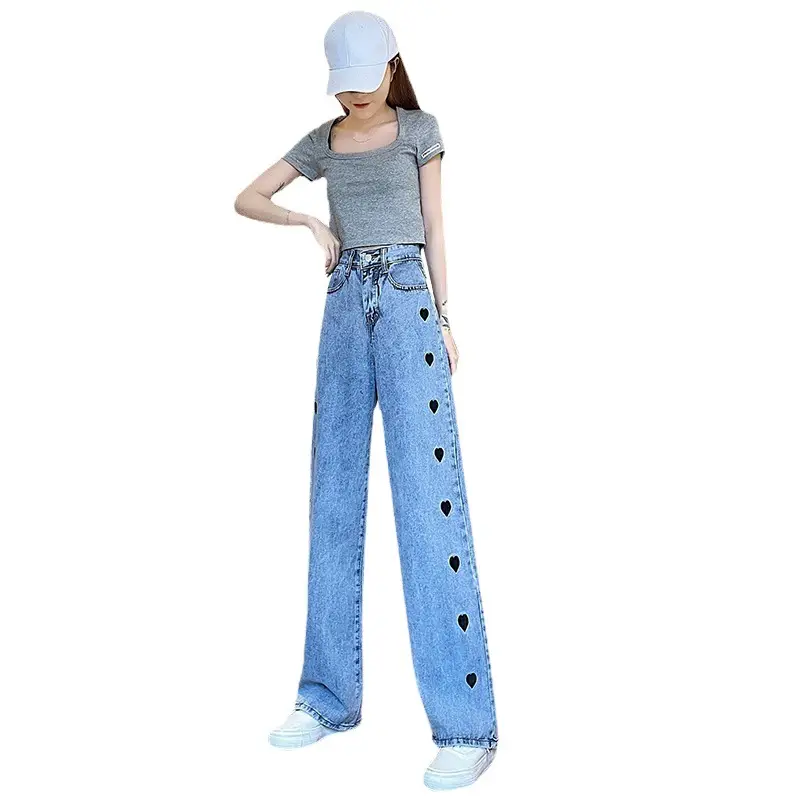 Women's Heart Print Wide Leg Jeans 2024 Spring - Image 7