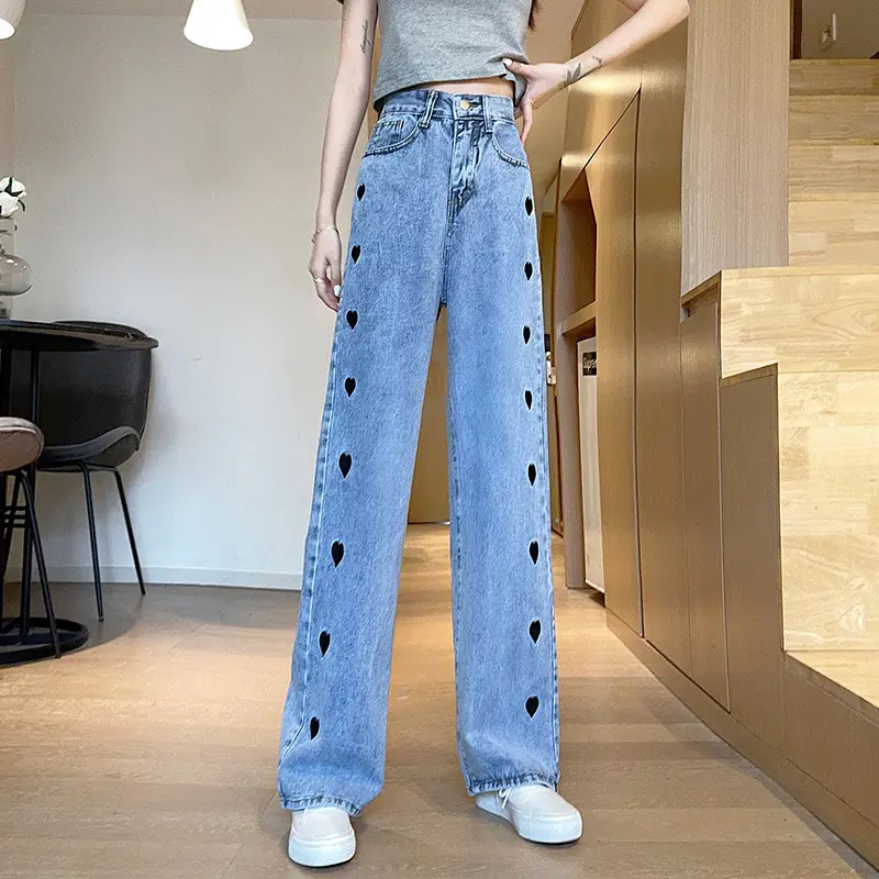 Women's Heart Print Wide Leg Jeans 2024 Spring - Image 2