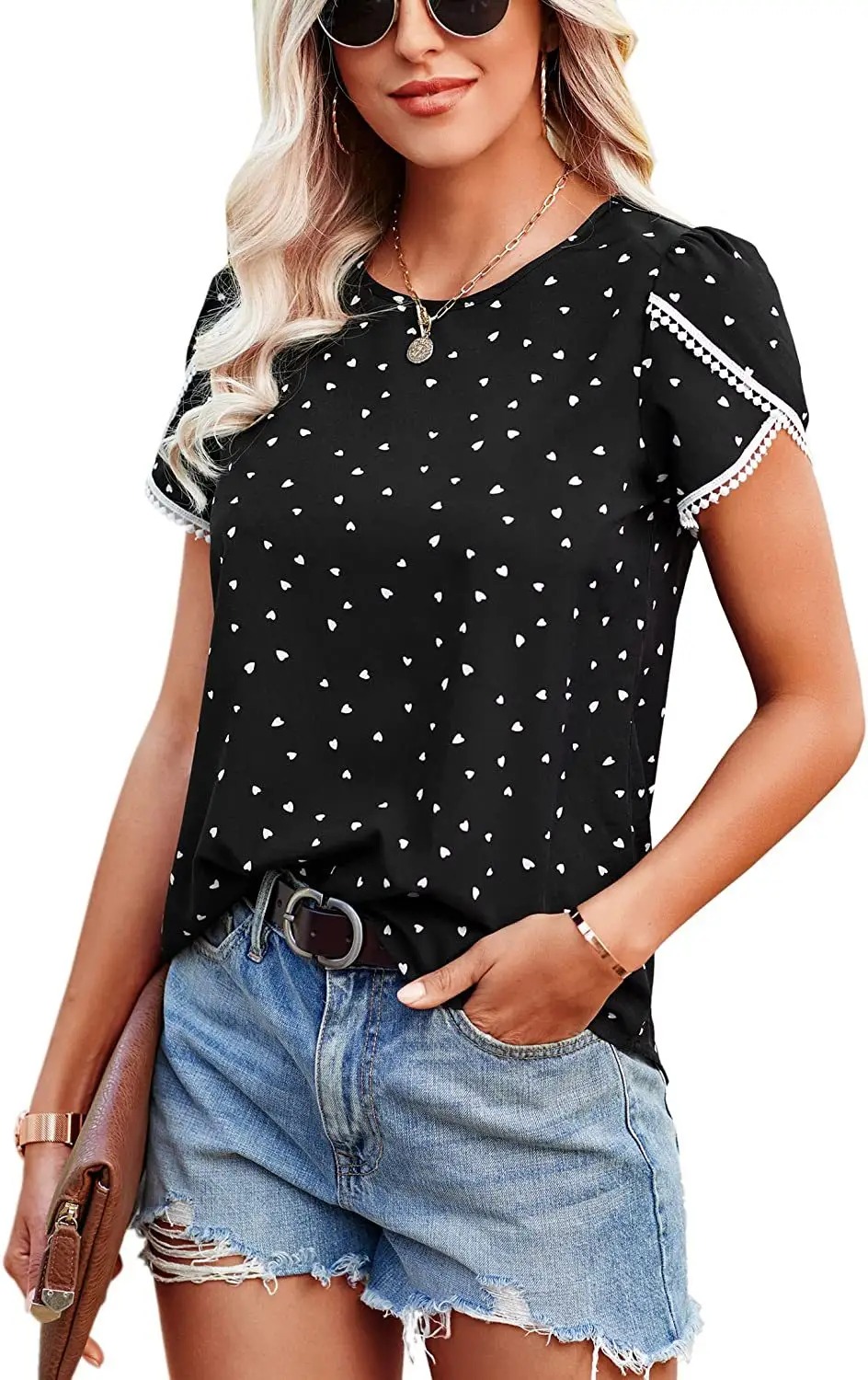 Women European Patchwork T-Shirt with Lace Trim