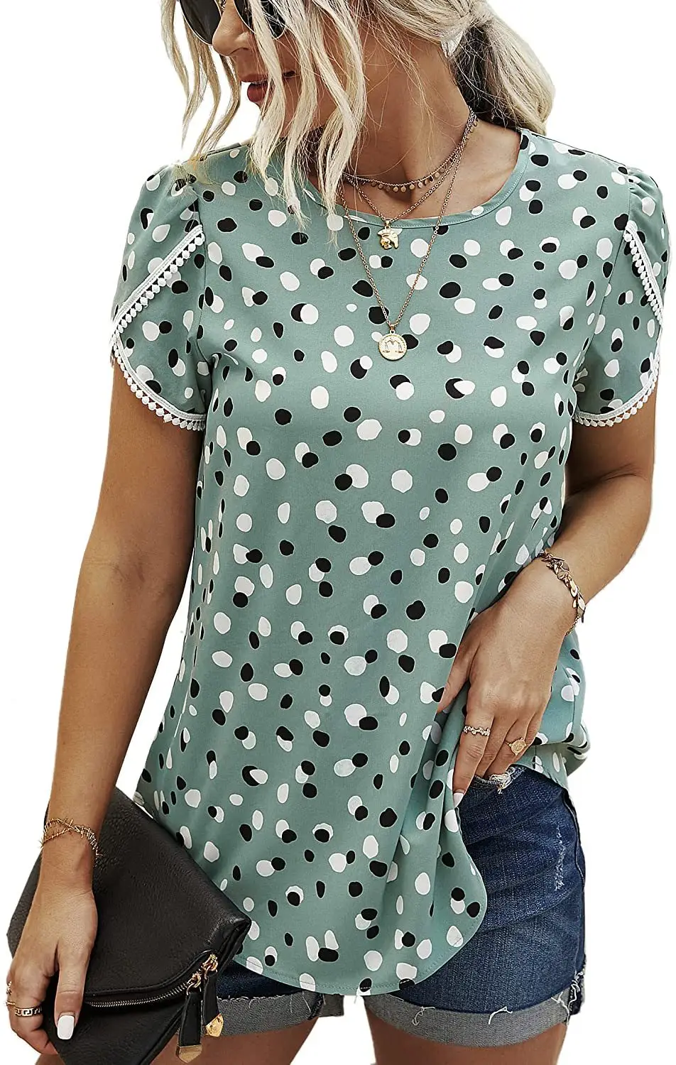 Women European Patchwork T-Shirt with Lace Trim