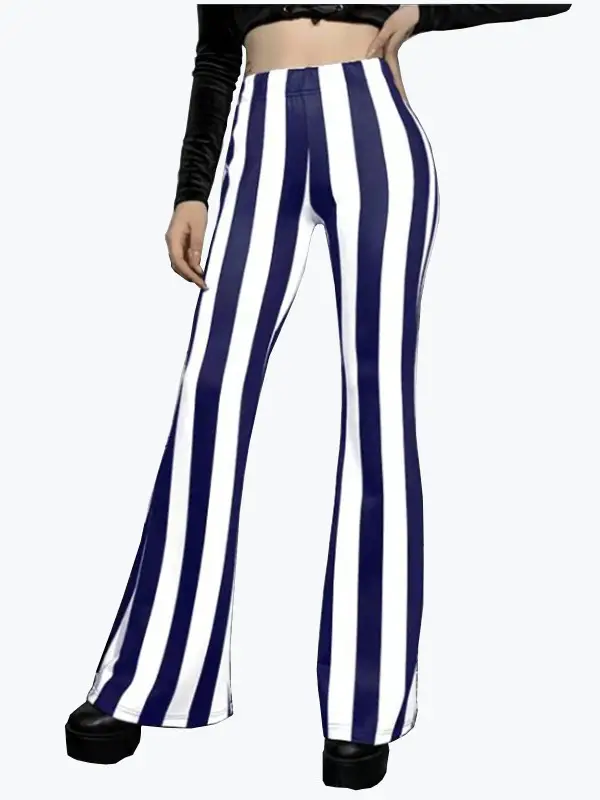Striped Stretchy Flared Pants for Women Blue White - Image 4
