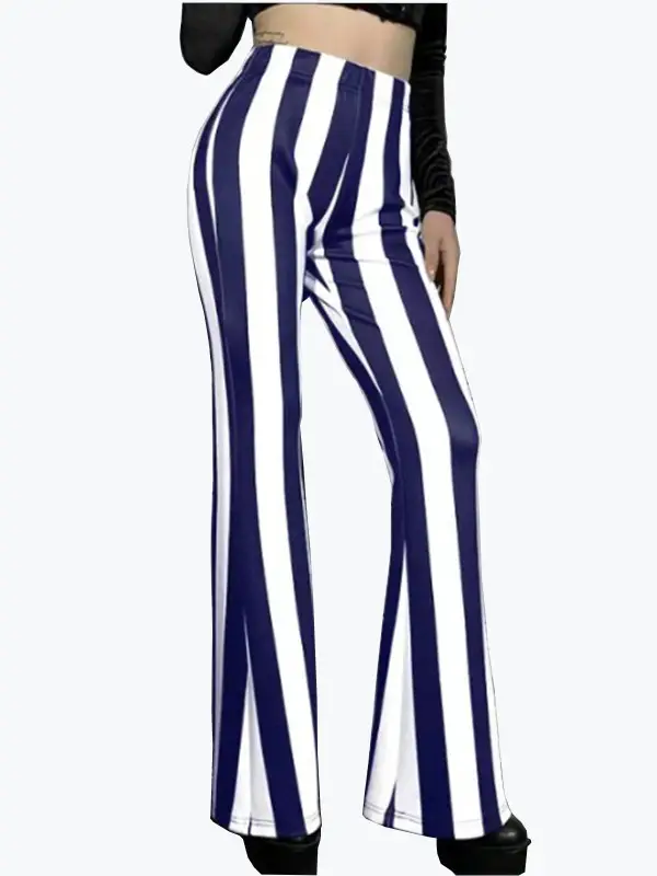 Striped Stretchy Flared Pants for Women Blue White - Image 5