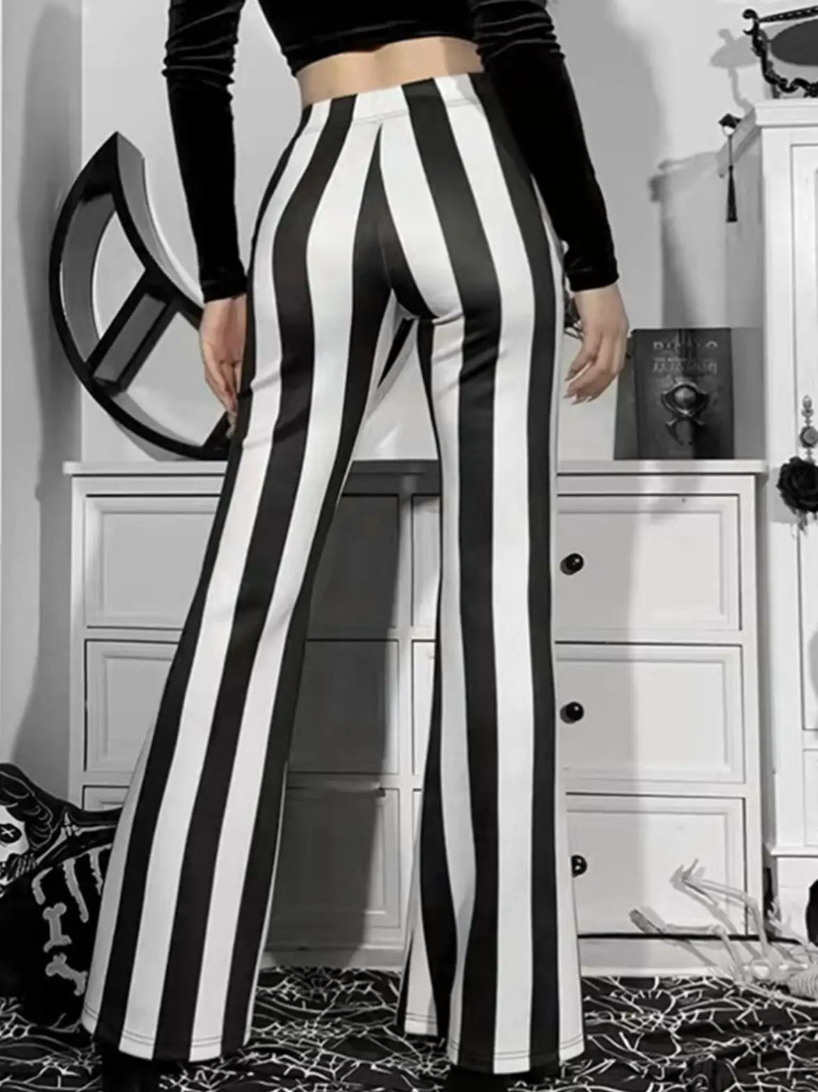 Striped Stretchy Flared Pants for Women Blue White - Image 6