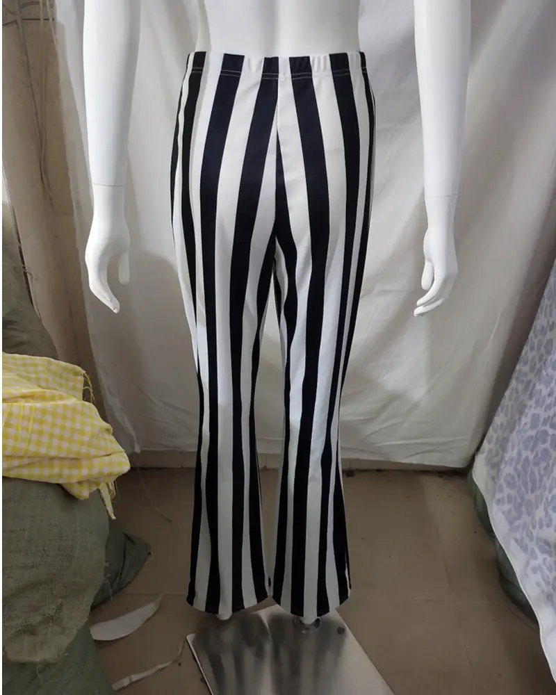 Striped Stretchy Flared Pants for Women Blue White — feature 13