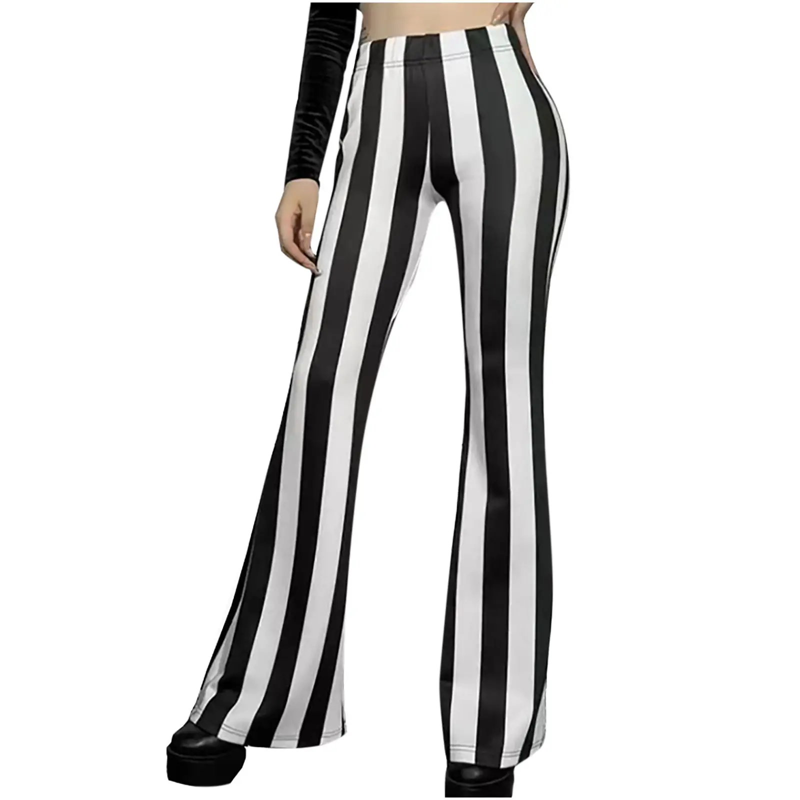 Striped Stretchy Flared Pants for Women Blue White — feature 15