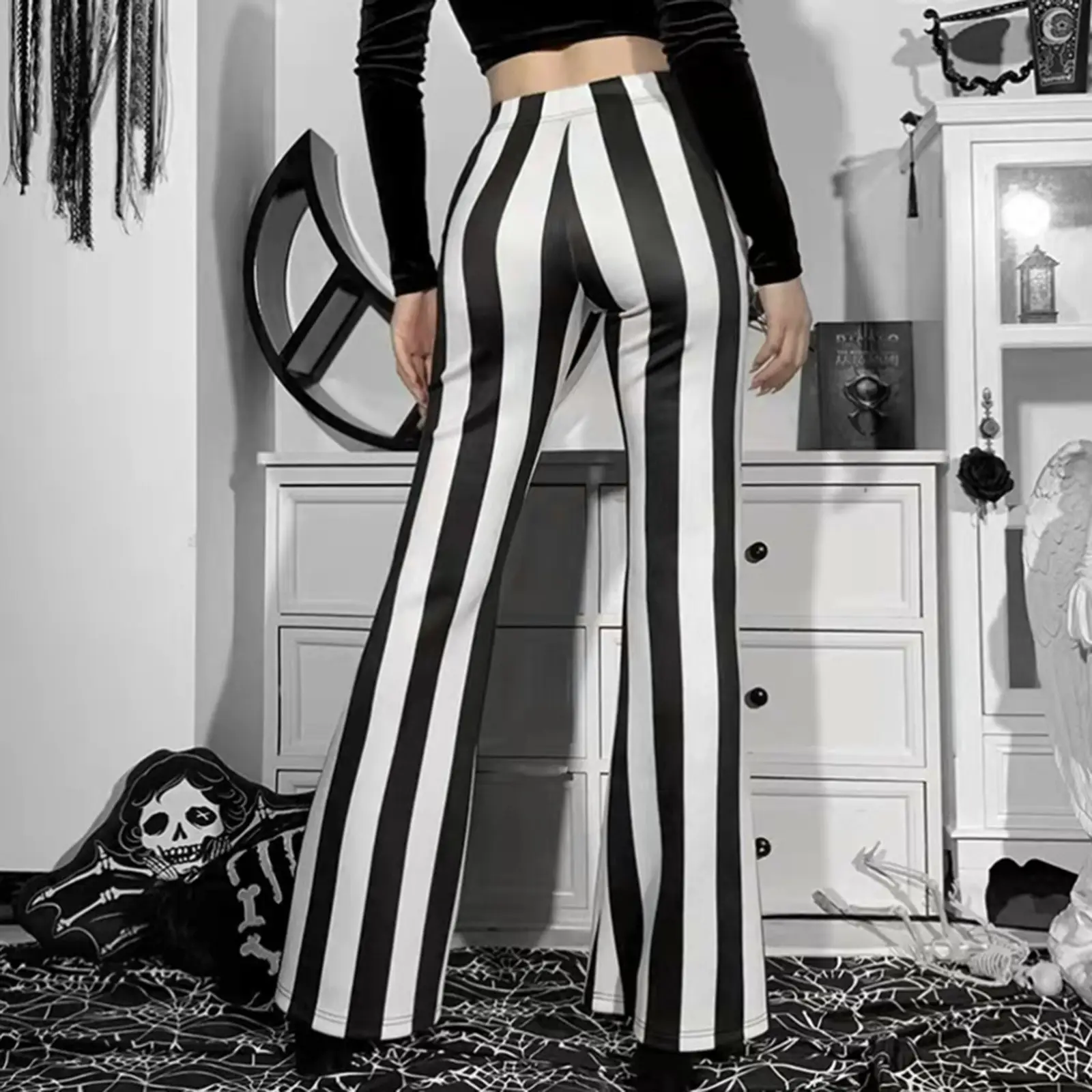 Striped Stretchy Flared Pants for Women Blue White — feature 16