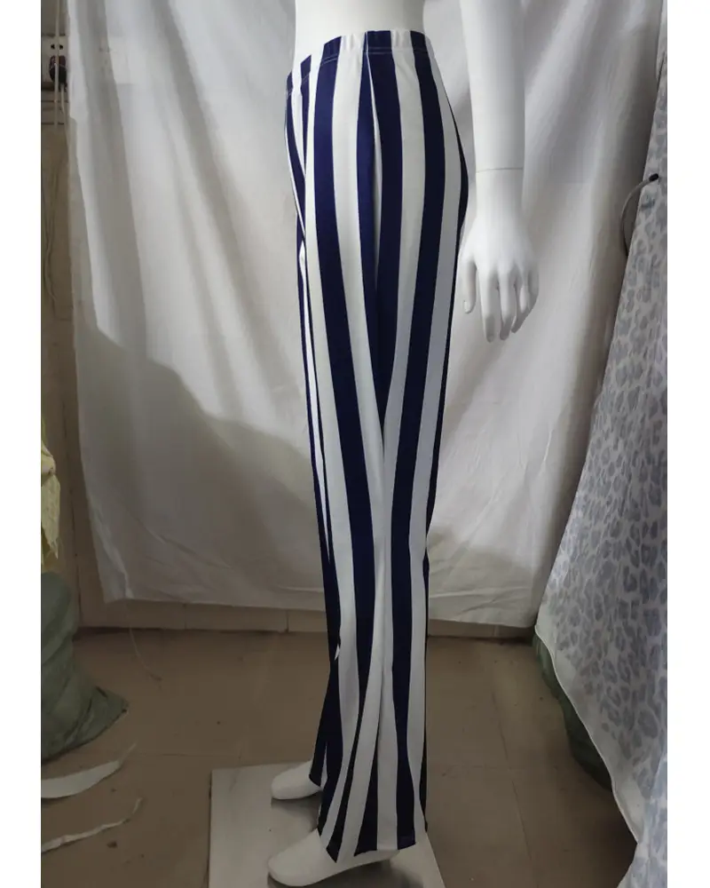 Striped Stretchy Flared Pants for Women Blue White — feature 5