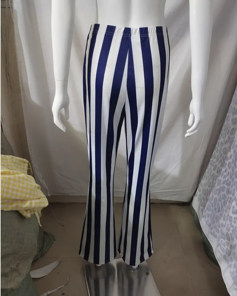 Striped Stretchy Flared Pants for Women Blue White — feature 6