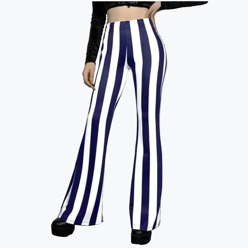 Striped Stretchy Flared Pants for Women Blue White — feature 7